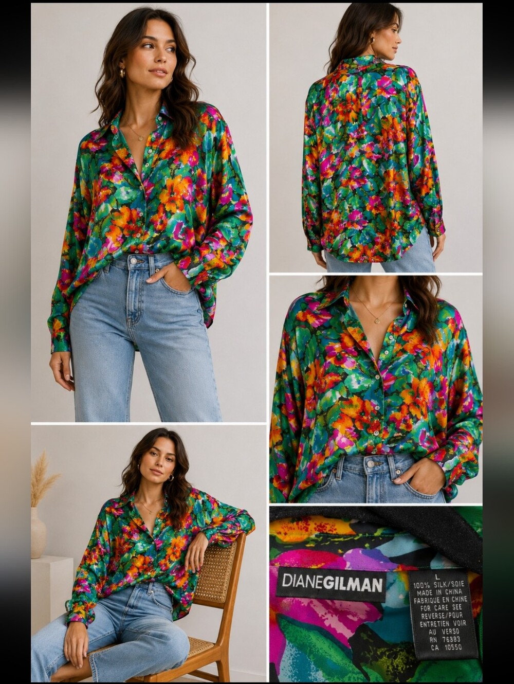 Diane Gilman Silk Floral Button Front Blouse Long Sleeve Cottagecore Boho Size L